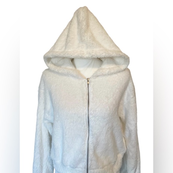 White Hooded Super Soft Cropped Teddy Zip Up Jacket Women’s Small - Picture 5 of 14